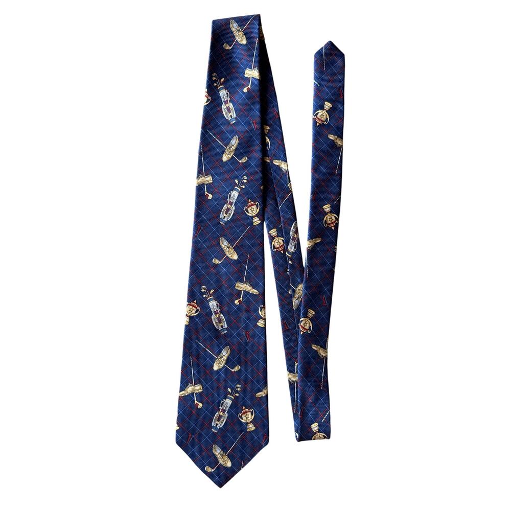 Vintage Tommy Hilfiger USA Made Silk Designer Tie Golf Print Navy Blue